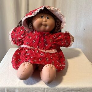 Vintage Cabbage Patch Doll Girl 1983 Red Dress Bonnet Brown Hair Brown Eyes